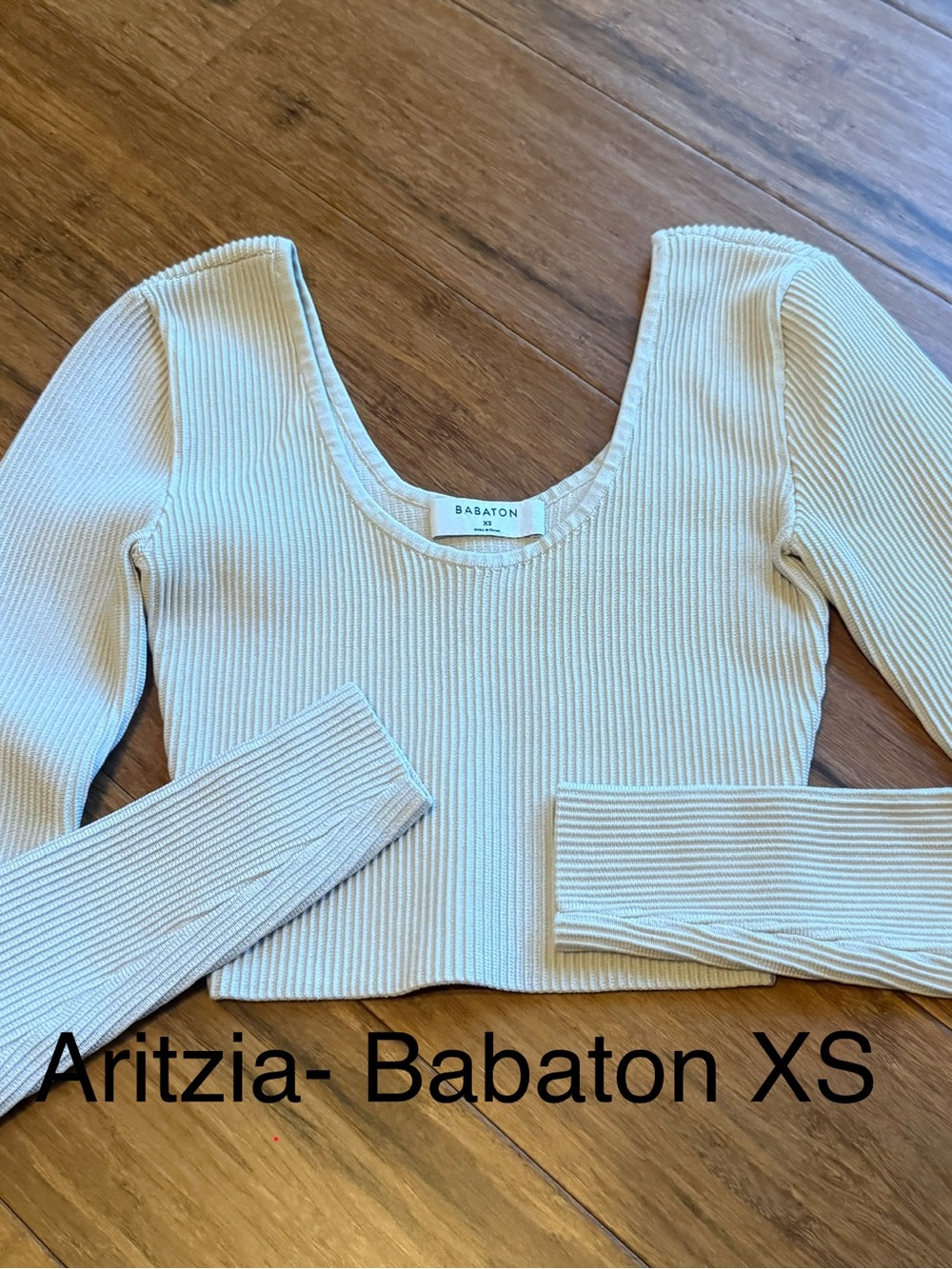 Aritzia Babaton Cream Ribbed Scoop-Neck Long Sleeve Top